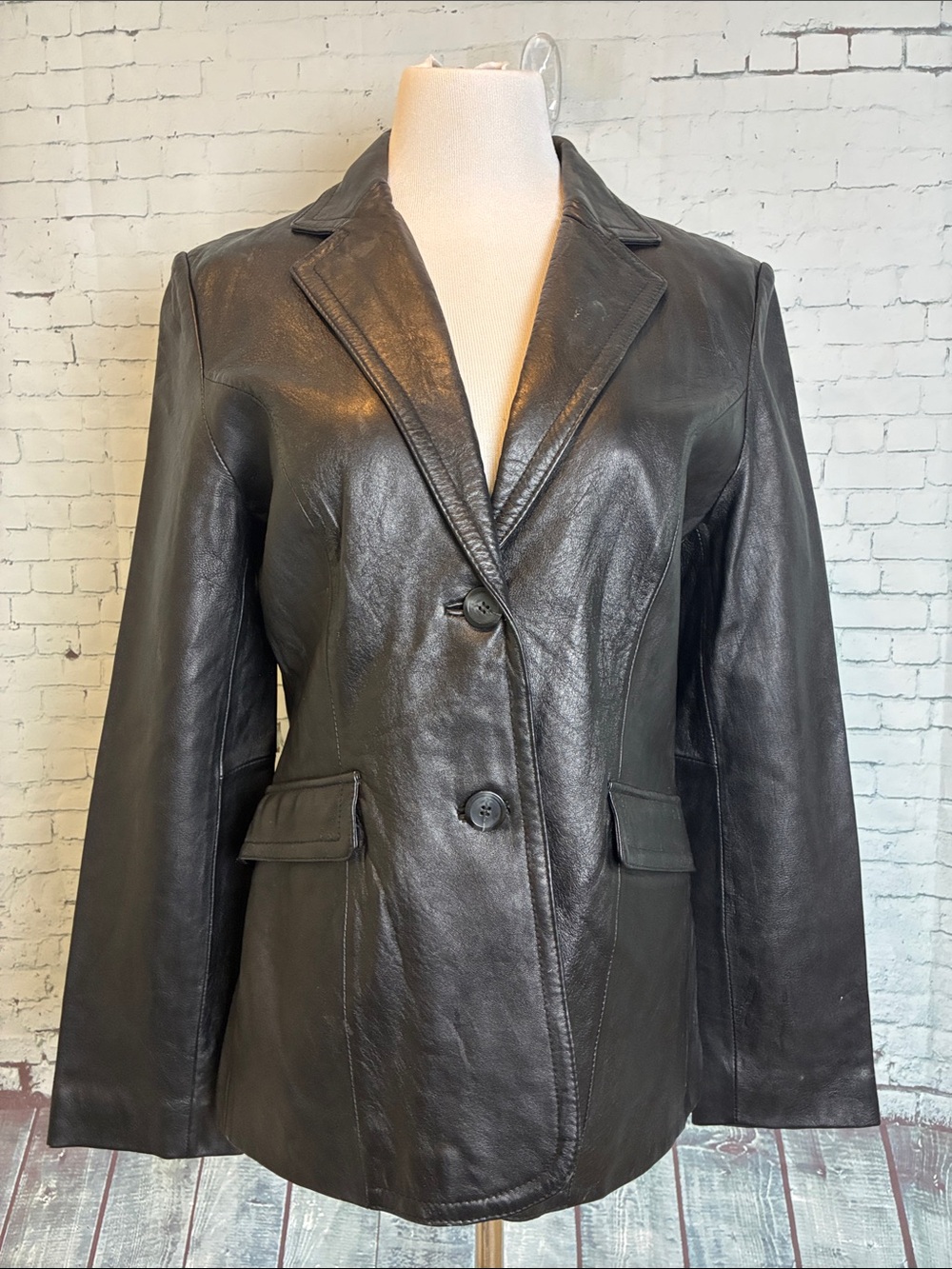 Y2k JLC New York Outerwear Women's Black Leather Jacket Blazer Coat Sz Medium
